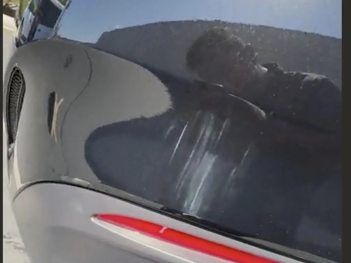Straight-line scratches running down a dark rear quarter panel in direct sun, left by an automatic car wash